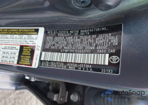2014 Toyota Camry Se from USA, damaged, VIN 4T1BF1FK1EU422702